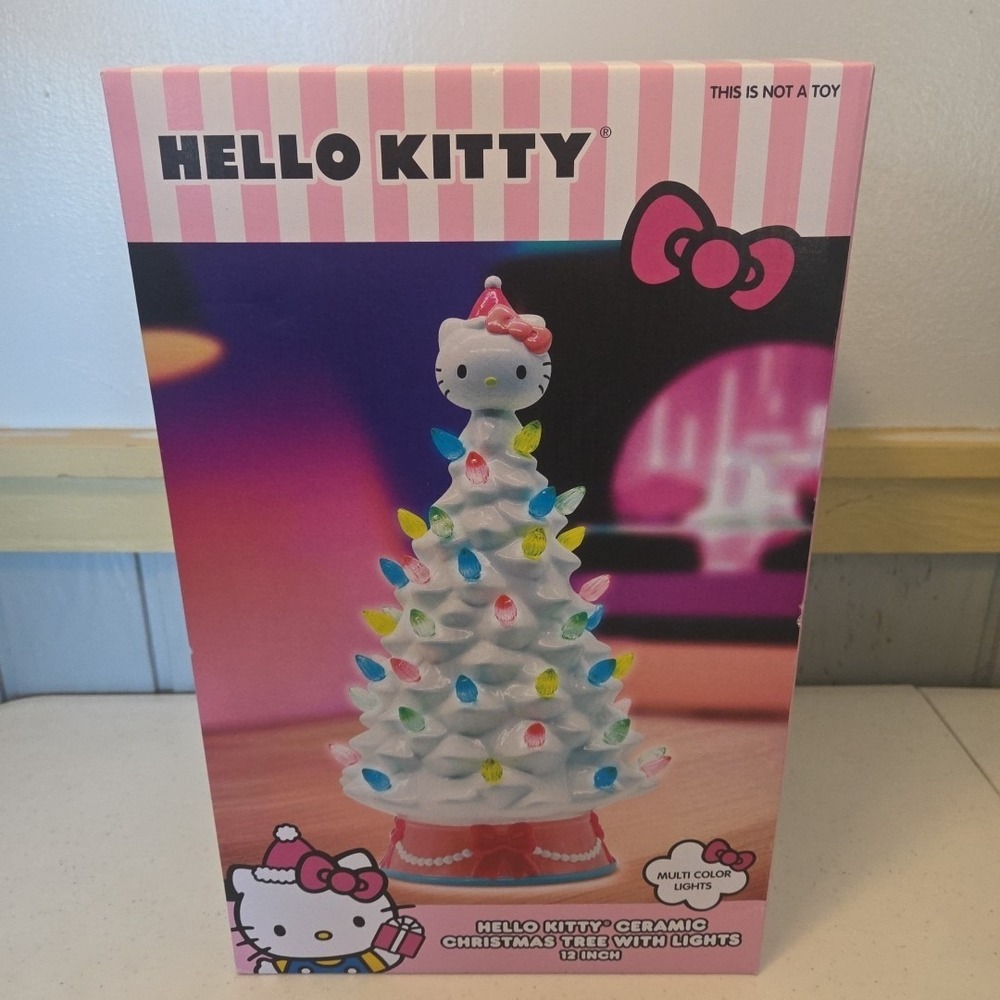 Hello Kitty White Ceramic Christmas Tree 12" Light-Up Large Multi Color Lights